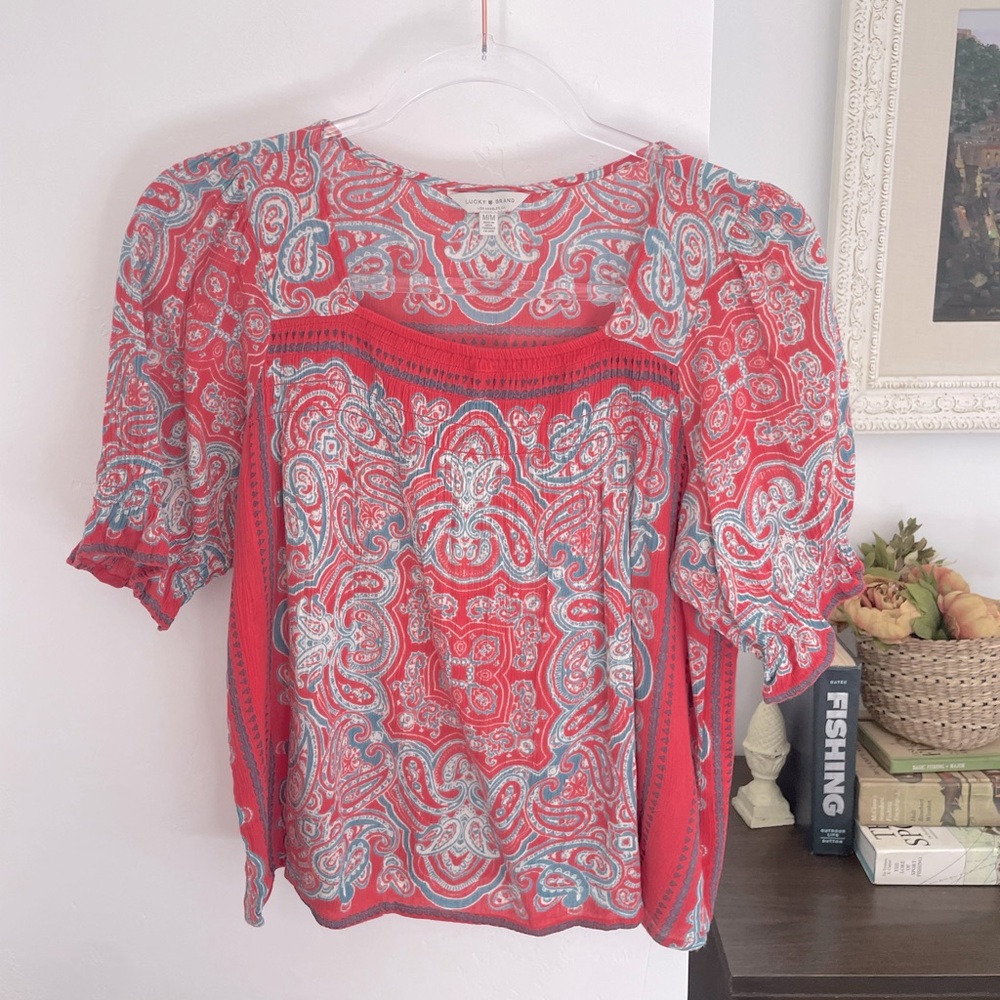 Lucky Brand Square Neck Smocked Paisley Boho Peasant Blouse size medium